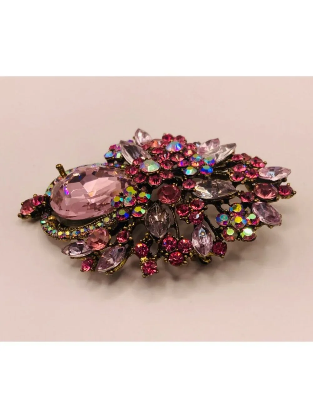 Vintage Style Pink Rhinestone Floral Brooch Pin Aurora Borealis Accents -19B